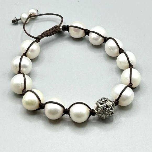 Silpada Vintage Sterling Silver & Genuine Large Pearls Brown Corded Bracelet - Picture 5 of 7